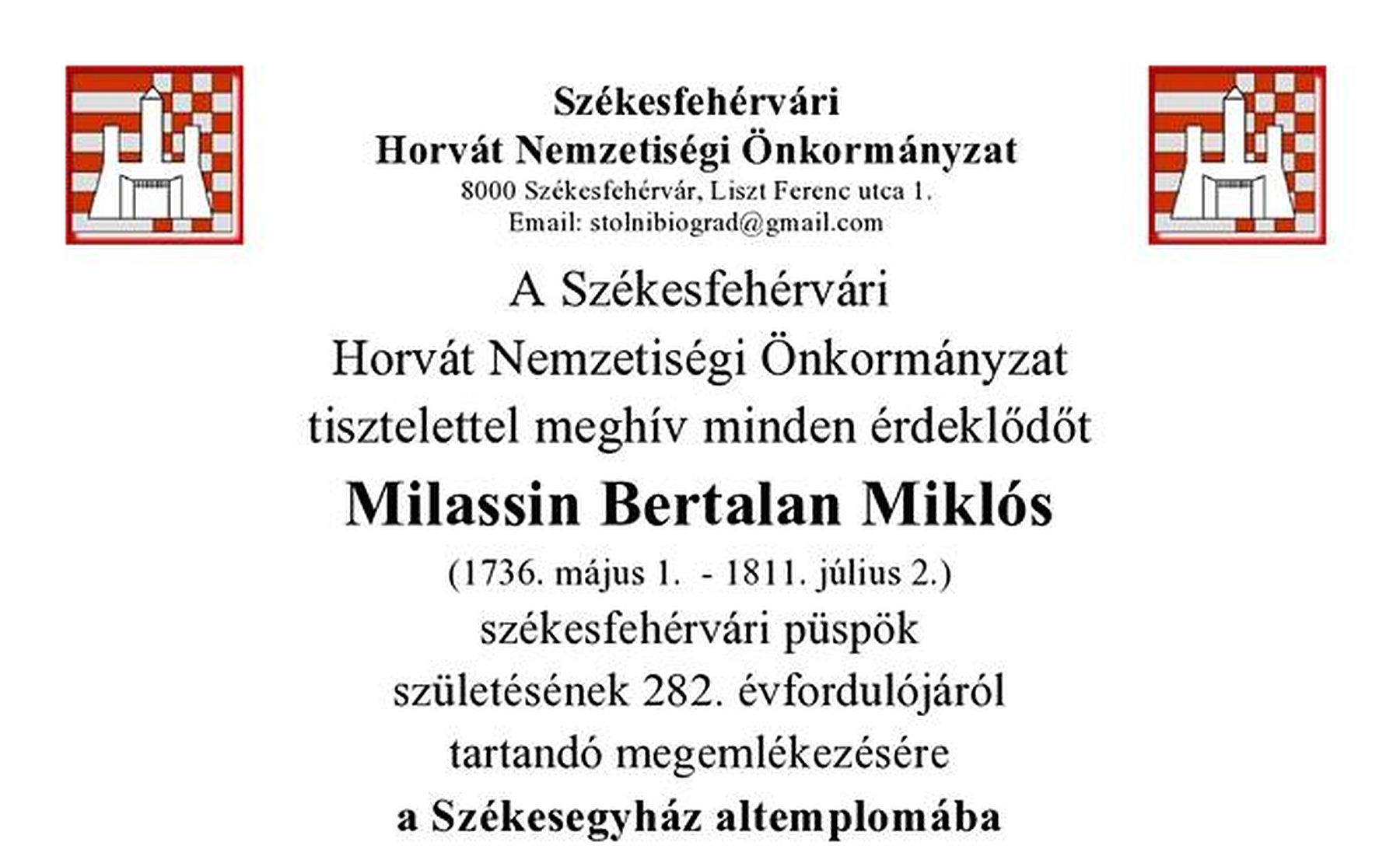 Milassin Bertalan Miklósra, Fehérvár második püspökére emlékeznek pénteken