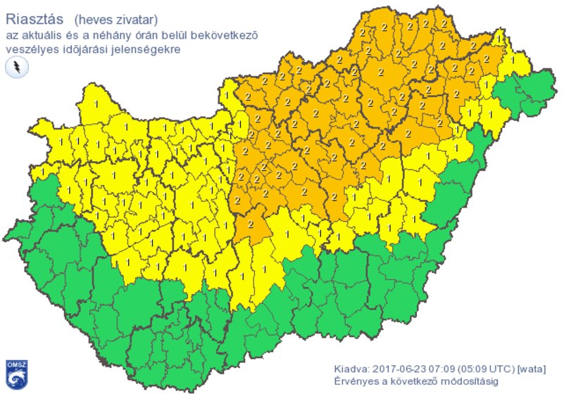 Fejér megyére első fokú a heves zivatar veszélye miatti figyelmeztetés