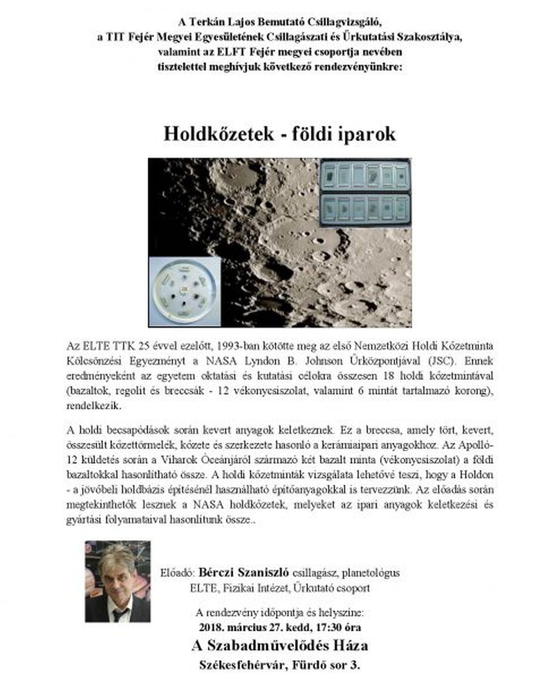 Holdkőzetek – földi iparok - csillagászati előadás A Szabadművelődés Házában