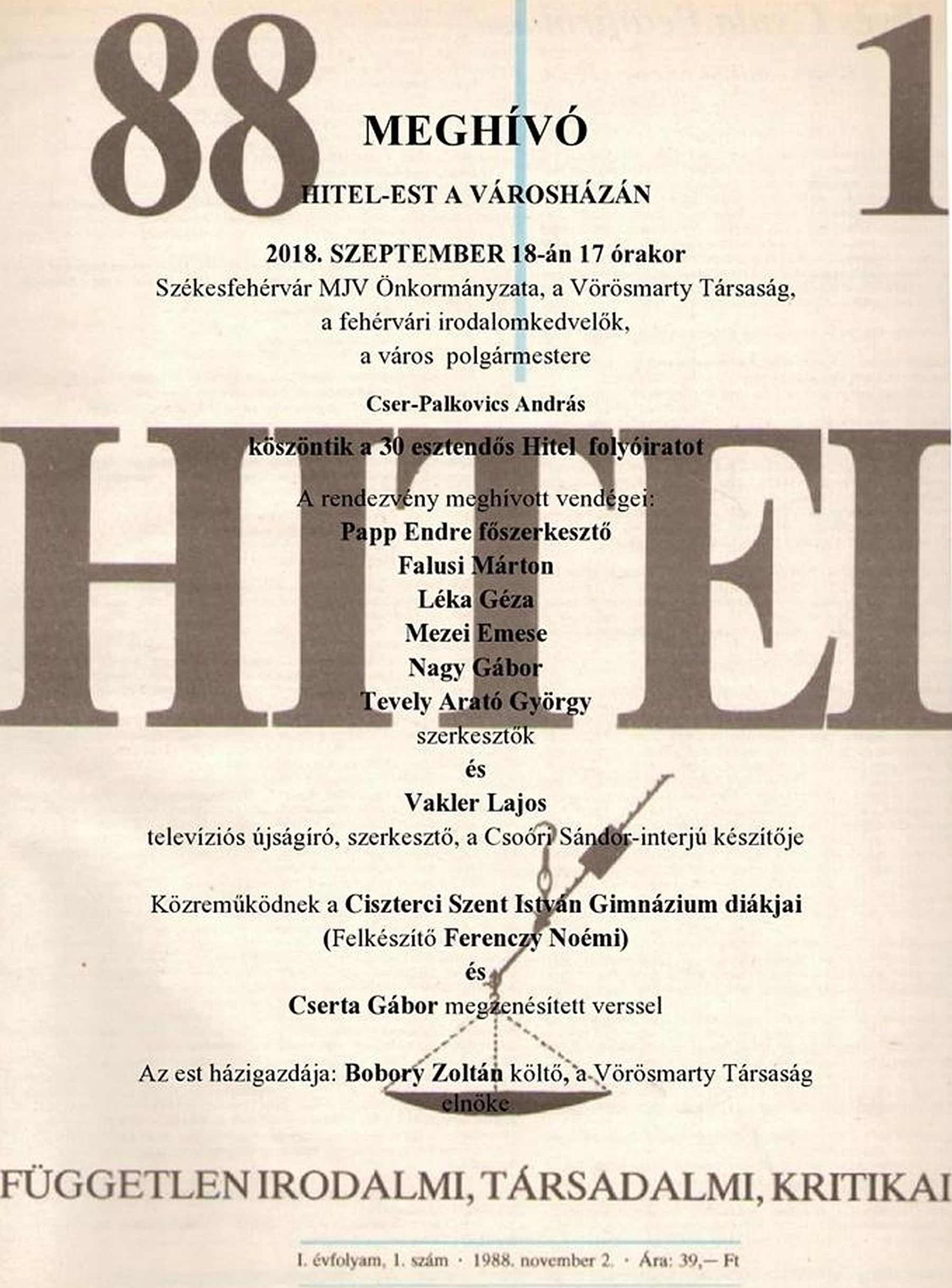 HITEL-est lesz a Városházán kedden, a folyóirat fennállásának 30. évfordulóján
