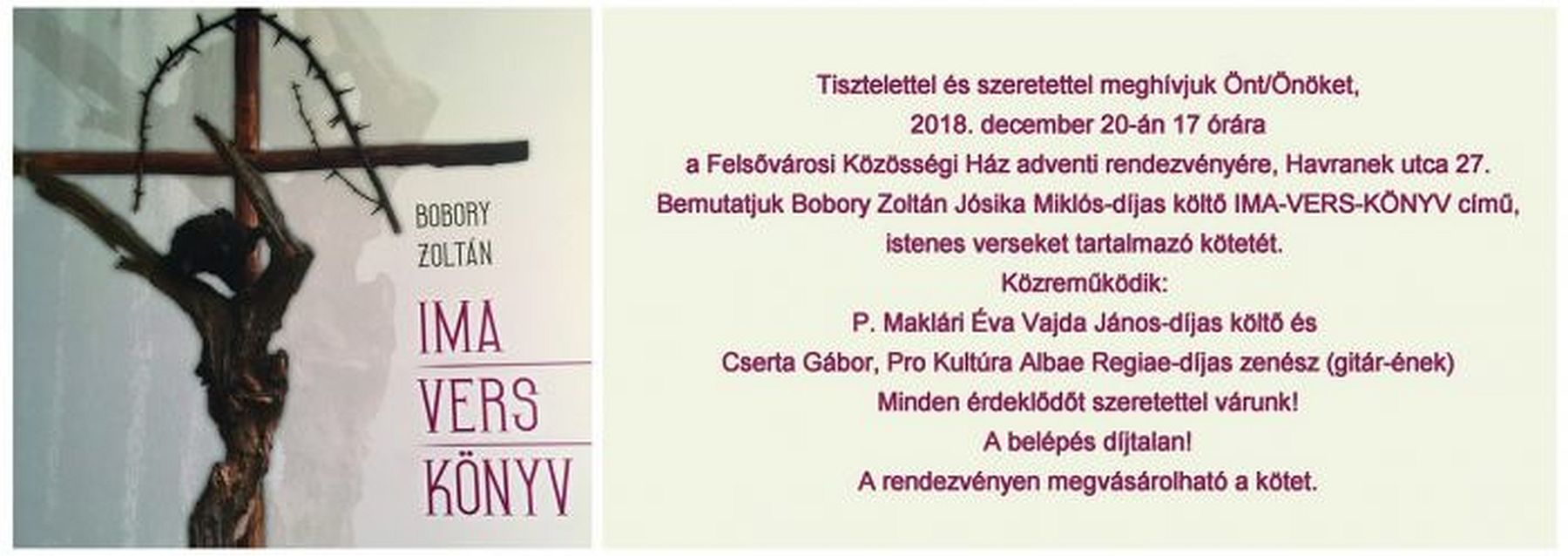 Ima-vers-könyv - Bobory Zoltán kötetét mutatják be a Felsővárosi Közösségi Házban
