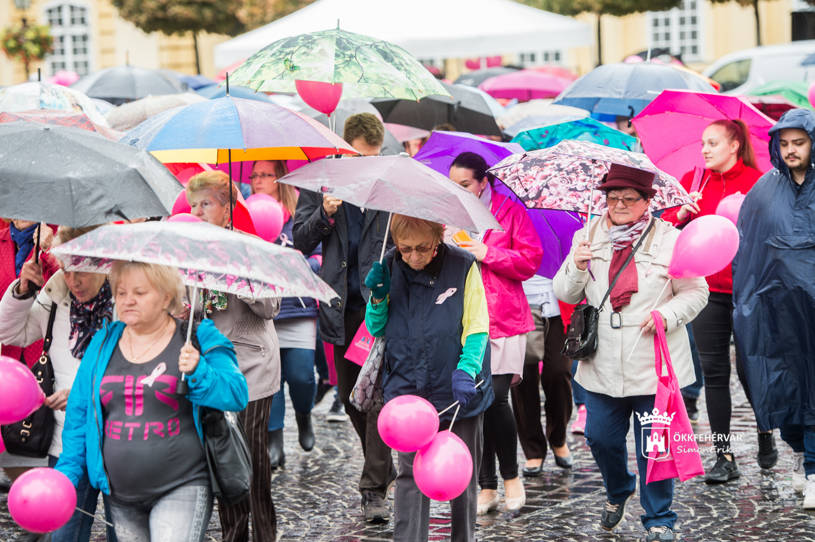 Esernyők és rózsaszín lufik a mellrák elleni sétán