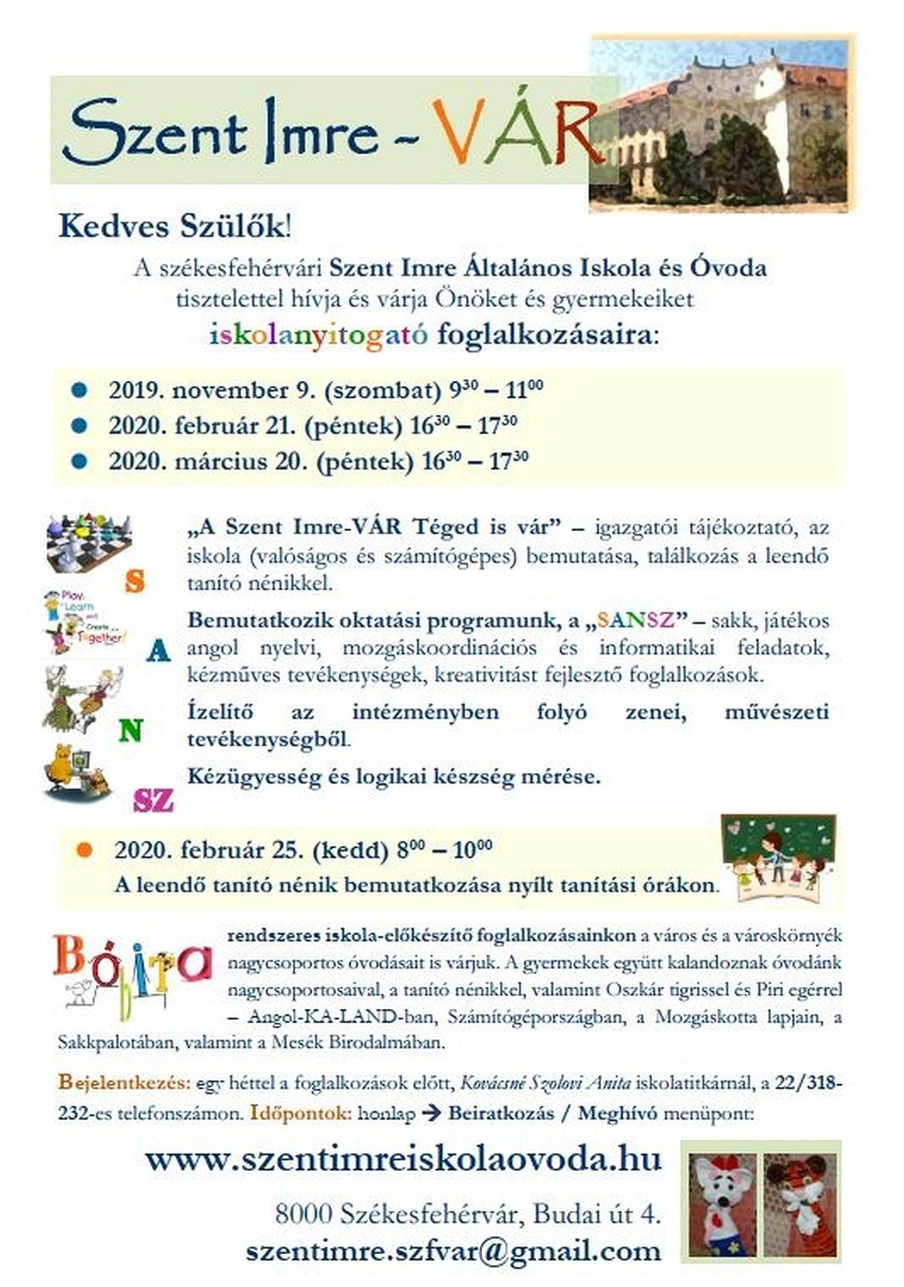 Szent Imre-VÁR - az iskolába készülő gyermekeket és szüleiket várják szombaton