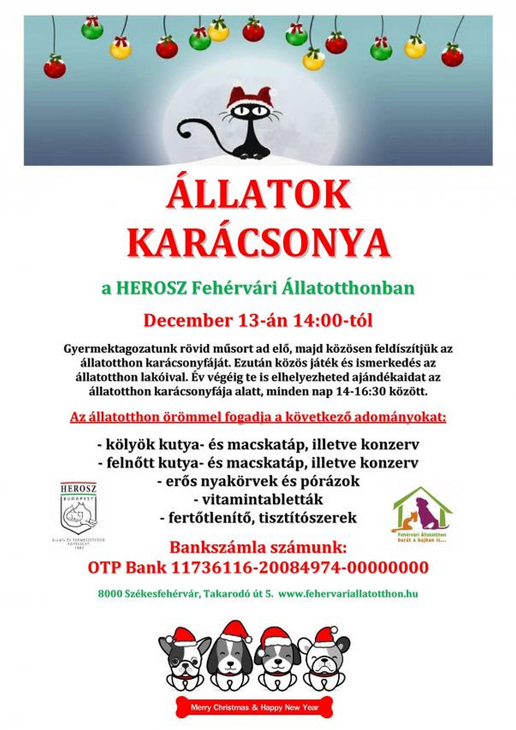 Pénteken délután lesz az Állatok Karácsonya a HEROSZ-nál