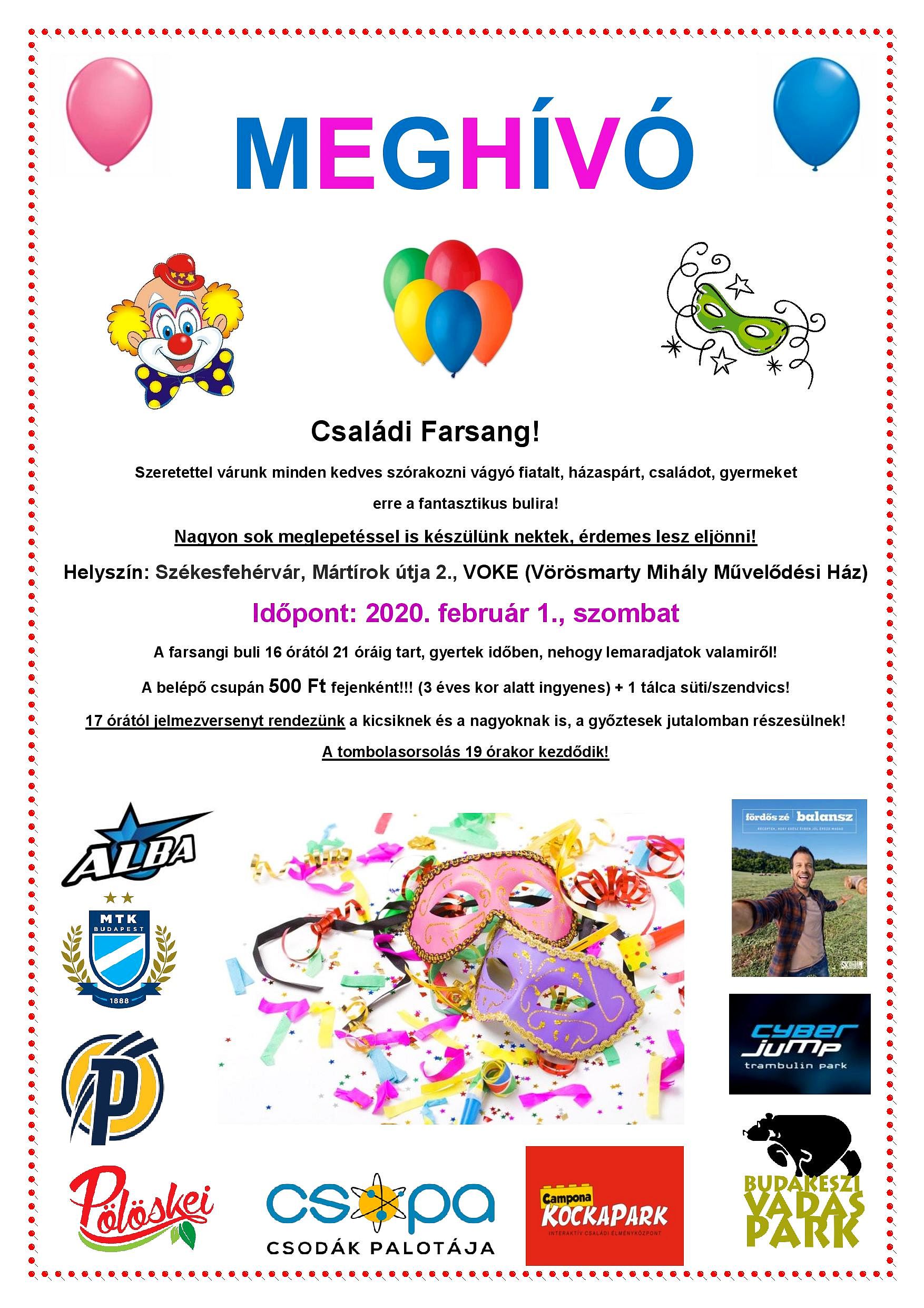 Családi farsangi bulit rendeznek február 1-jén a VOKE Művelődési Házban