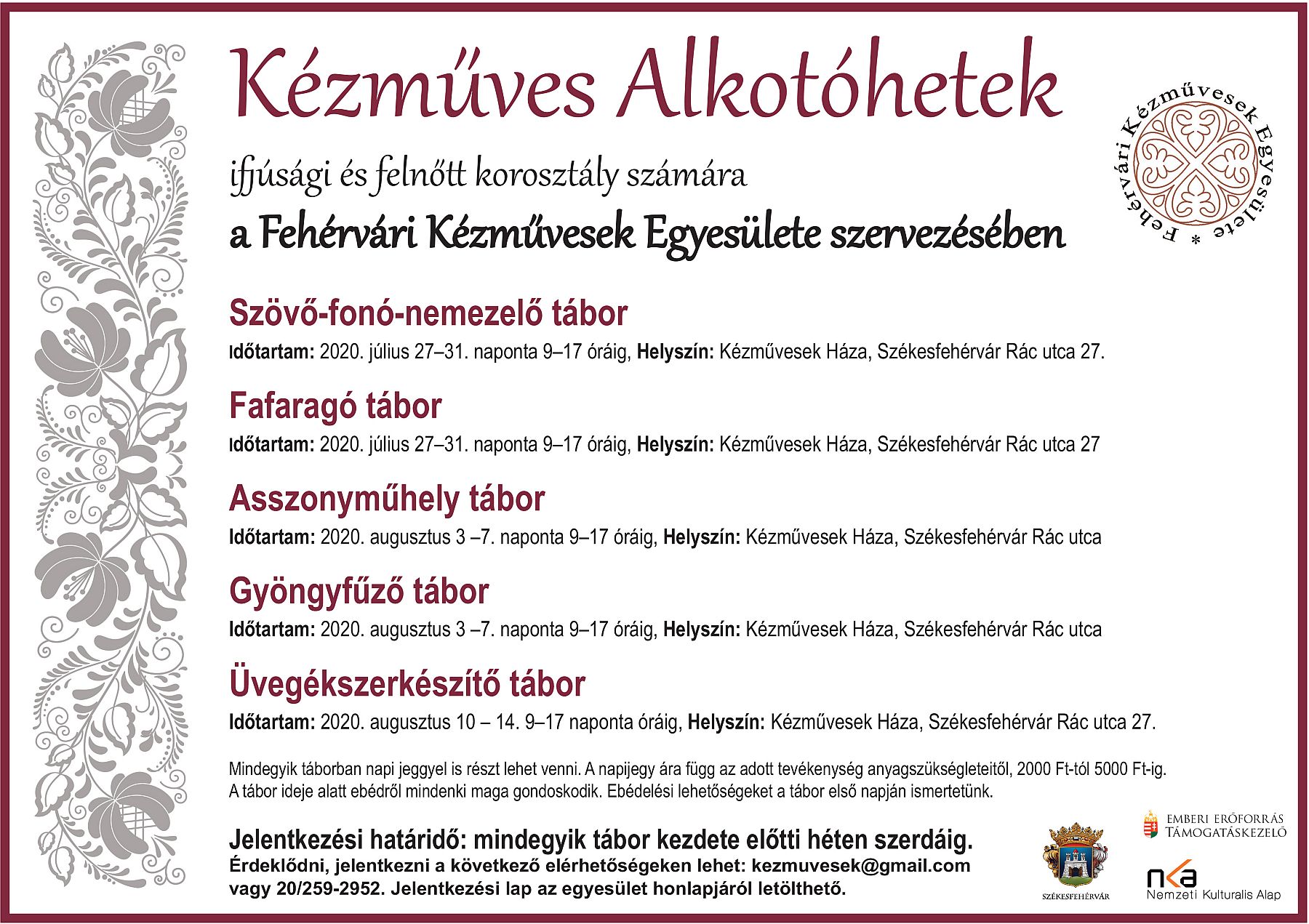 Ötféle alkotóhetet szervez július 27-től a Fehérvári Kézművesek Egyesülete
