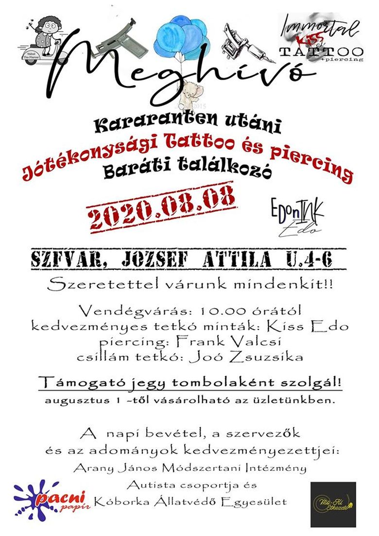 Jótékonysági tetoválás és baráti találkozó lesz augusztus 8-án