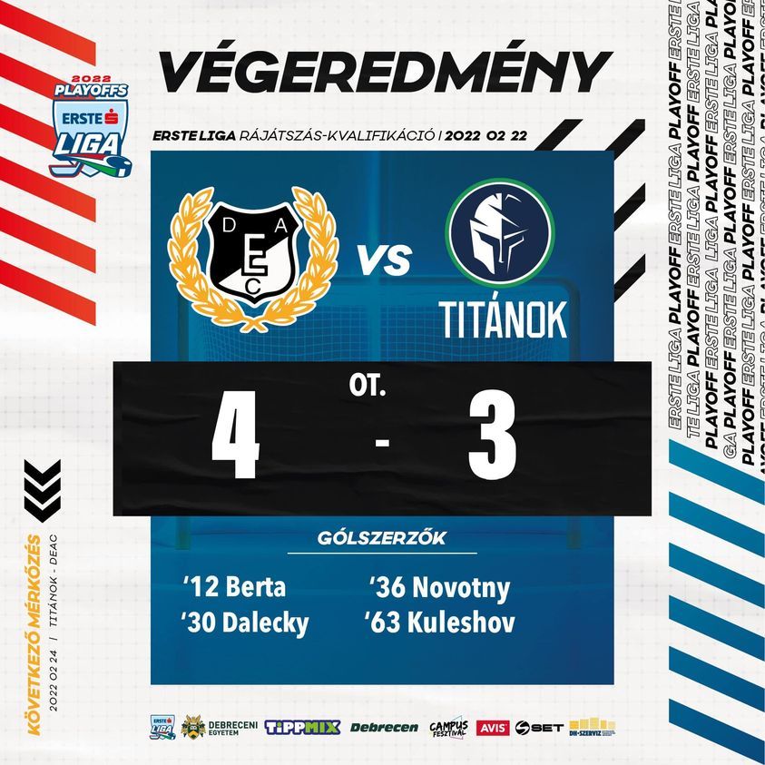 Jégkorong – csak a hosszabbításban nyert a Debrecen a Titánok ellen