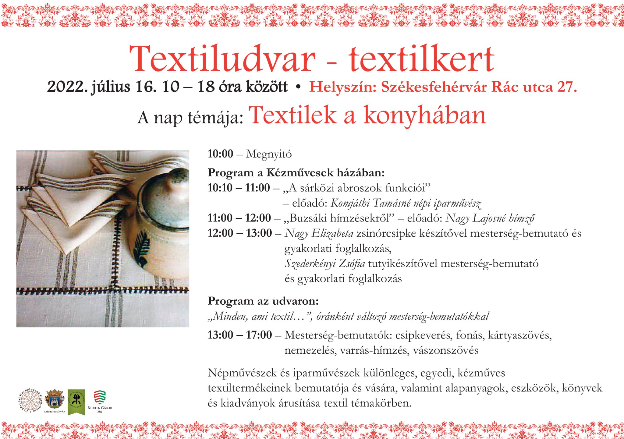 Textiludvar-Textilkert – szakmai nap és mesterségbemutatók szombaton a Kézművesek Házában