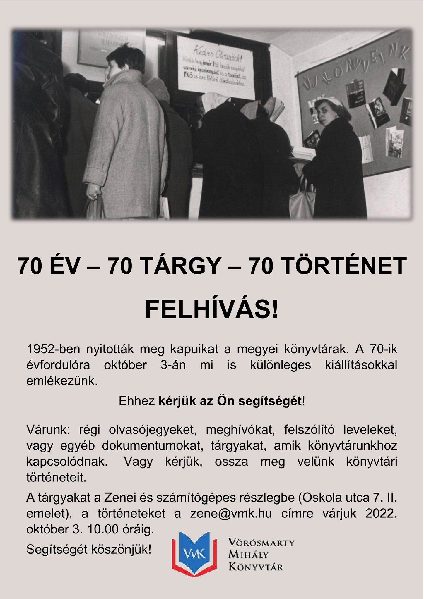 70 év – 70 tárgy – 70 történet – emlékeket gyűjt a Vörösmarty Mihály Könyvtár