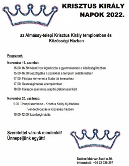 Szombaton és vasárnap lesznek a Krisztus Király Napok a Zsolt utcai templomban
