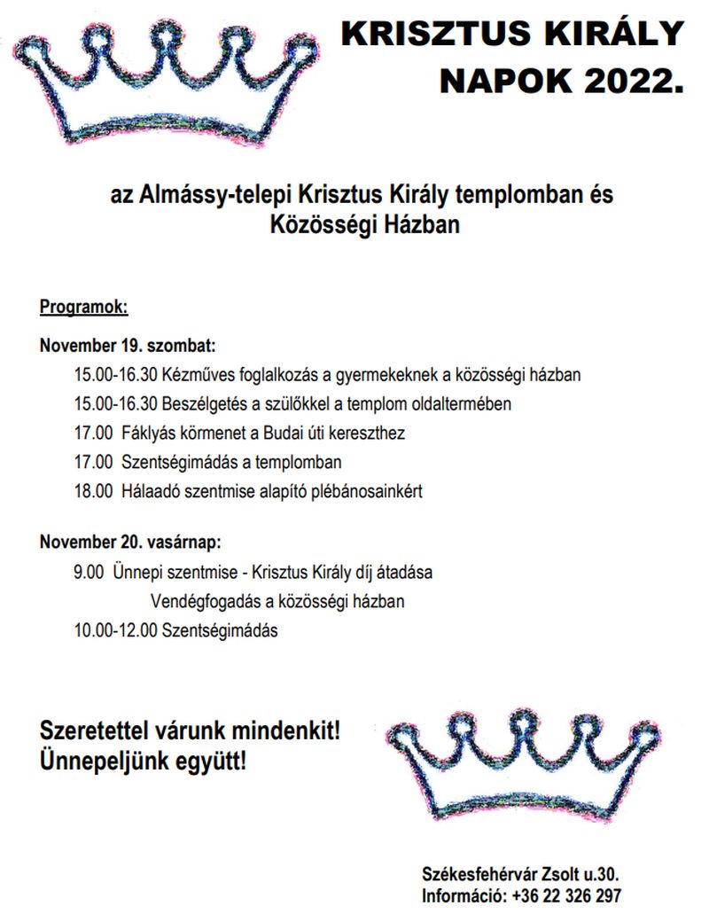 Szombaton és vasárnap lesznek a Krisztus Király Napok a Zsolt utcai templomban