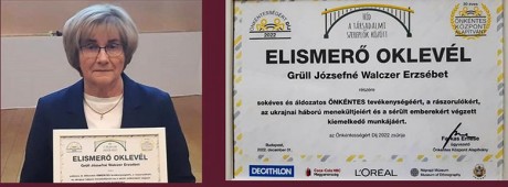 Önkéntességért Díj 2022 - Grüll Józsefné Walczer Erzsébet vehette át az oklevelet