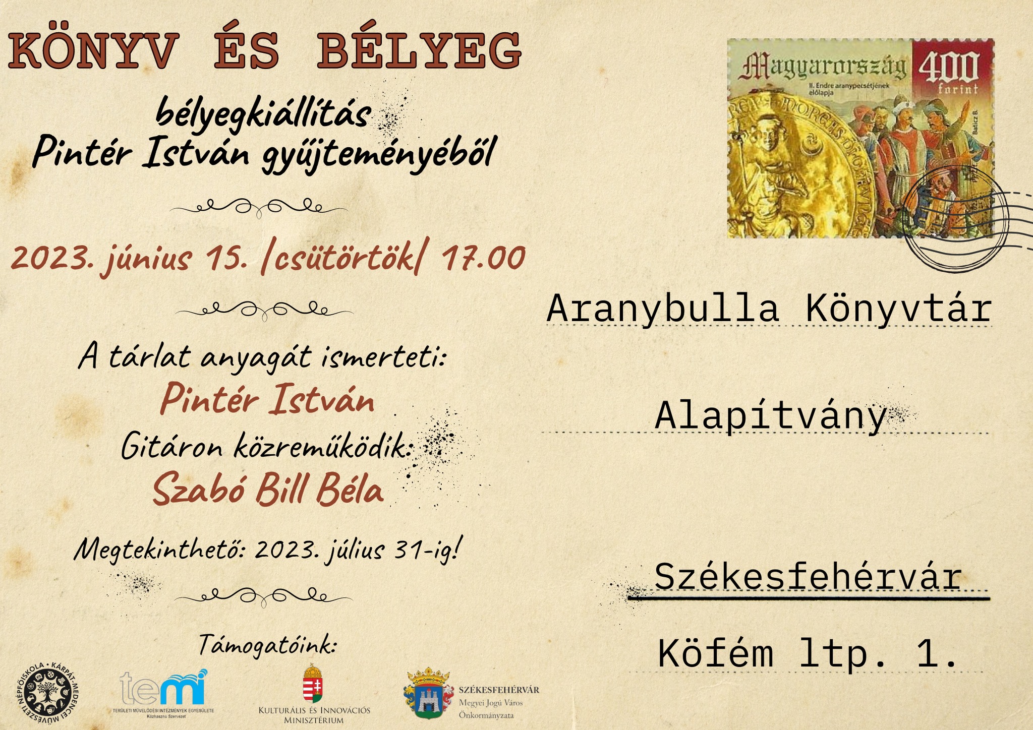 Könyv és bélyeg címmel nyílik kiállítás június 15-én az Aranybulla Könyvtárban