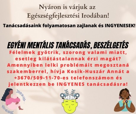 Nyáron is zajlanak az Egészségfejlesztési Iroda ingyenes tanácsadásai