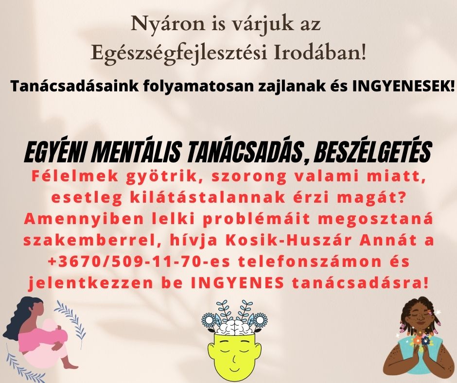Nyáron is zajlanak az Egészségfejlesztési Iroda ingyenes tanácsadásai