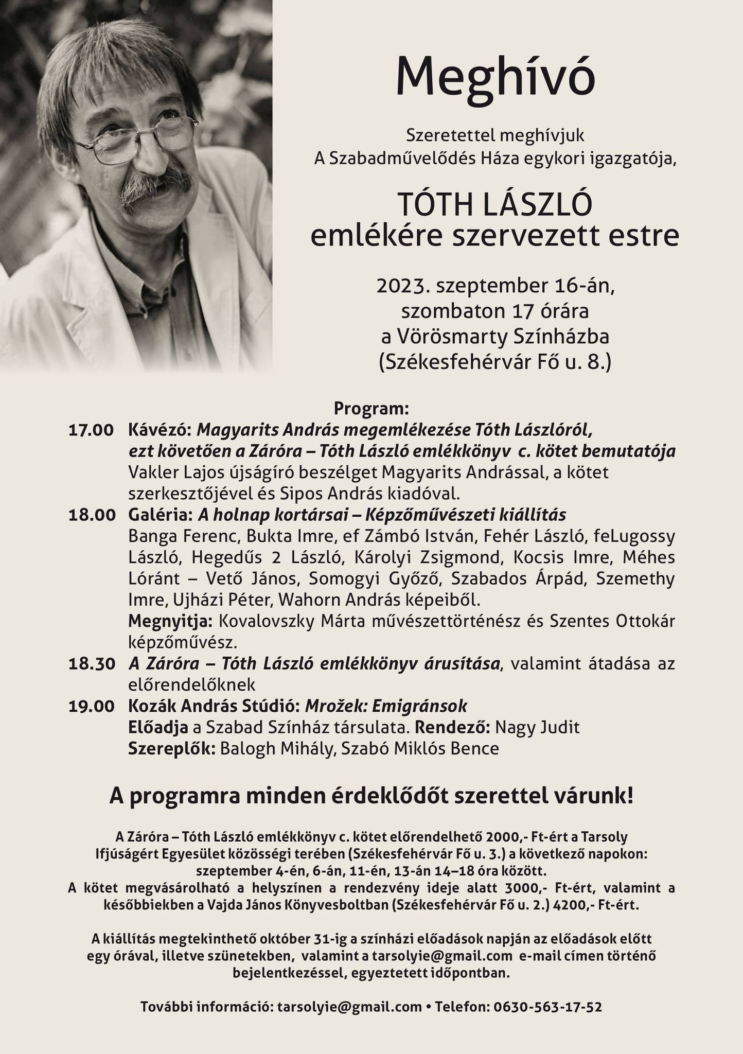 Záróra - Tóth László emlékest lesz a Vörösmarty Színházban