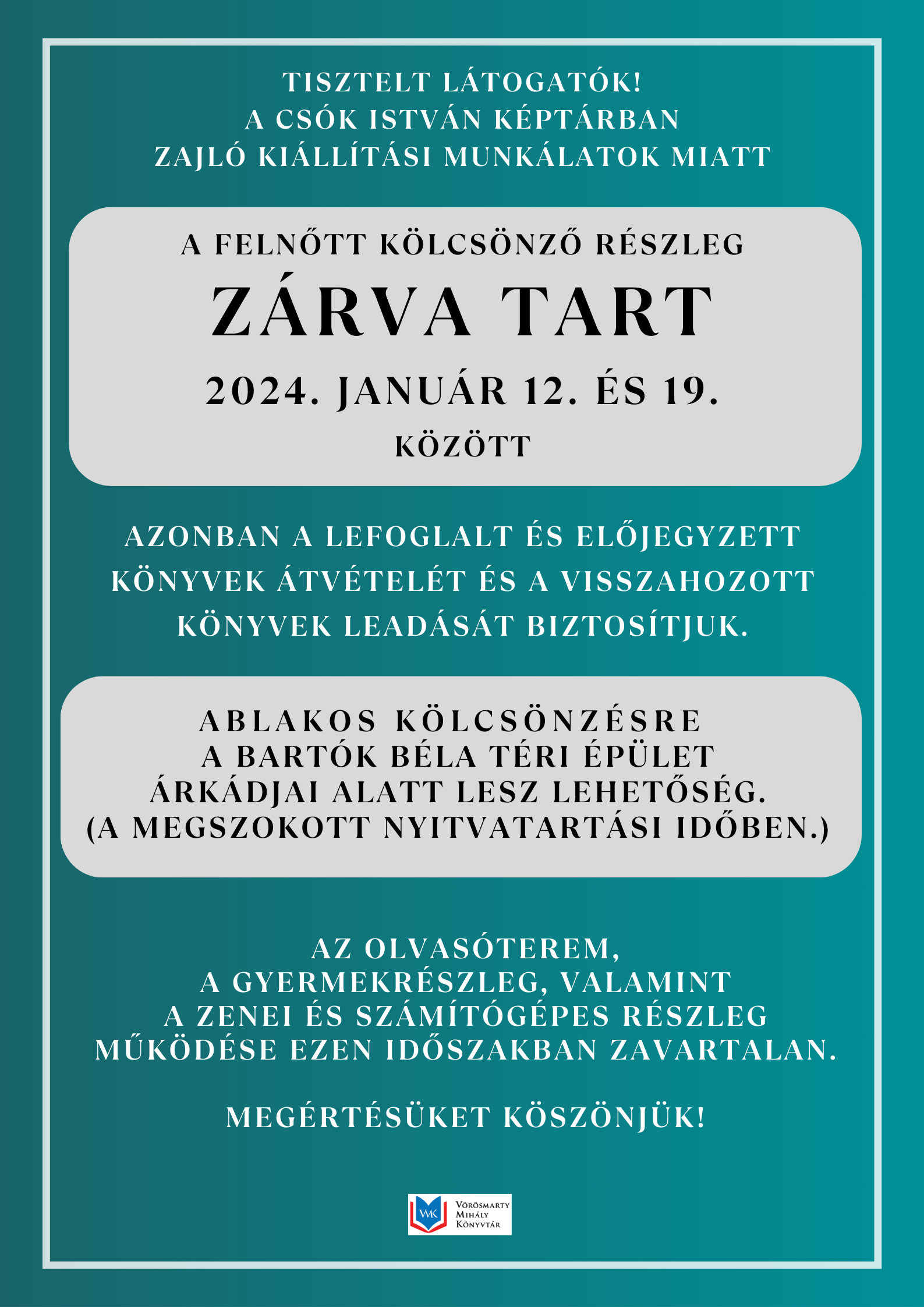 Holnaptól egy hétig csak ablakos kölcsönzéssel használható a könyvtár felnőtt kölcsönző részlege