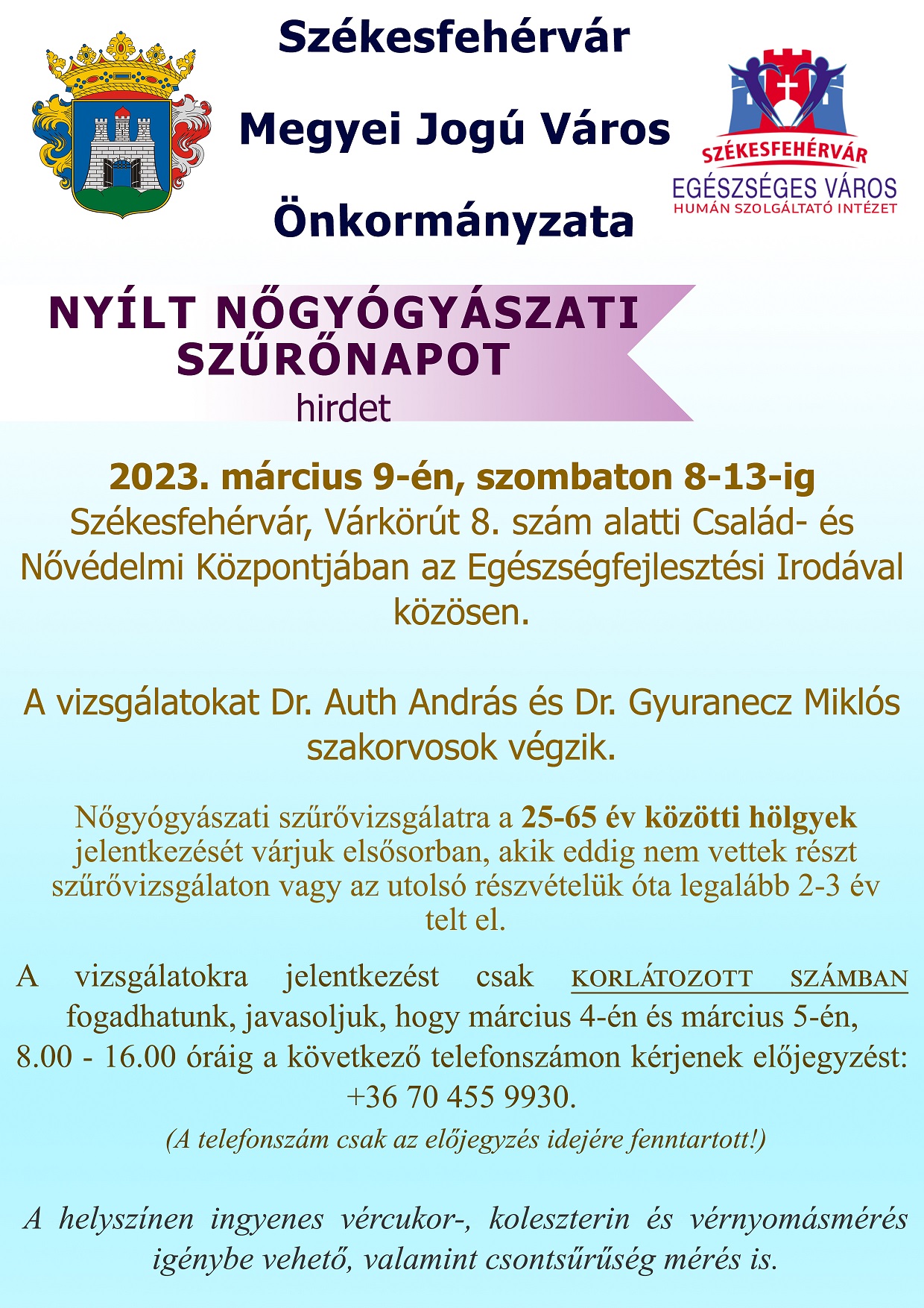 Nyílt nőgyógyászati szűrőnap március 9-én - A vizsgálatokra előzetesen lehet bejelentkezni