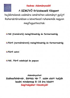 Segítség ruhaadományokkal - a Kríziskezelő Központ ellátottjainak gyűjtenek