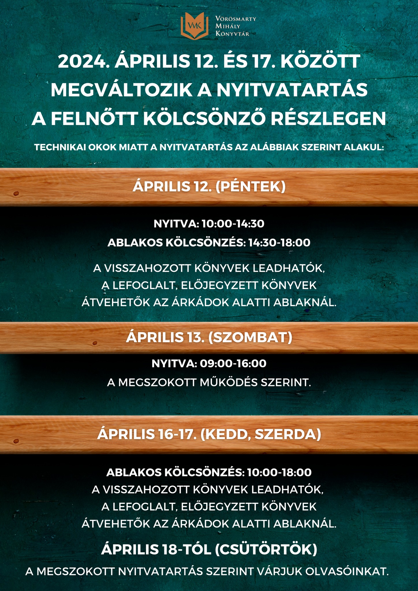 Szerdáig megváltozik a Felnőtt kölcsönző részleg nyitvatartása a könyvtárban