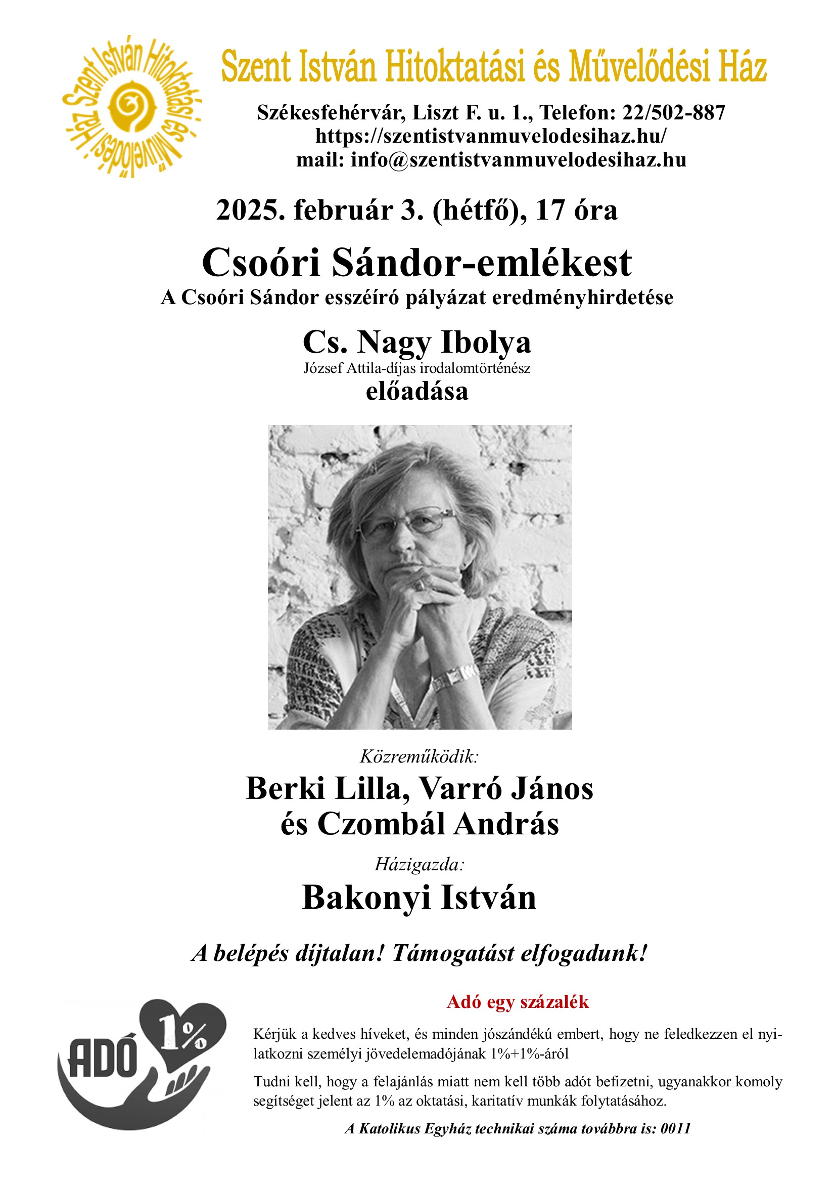 Csoóri Sándor emlékestet és díjátadót rendeznek a Szent István Művelődési Házban