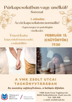 Párkapcsolatban vagy anélkül? – új program indul a Zsolt utcai Tagkönyvtárban