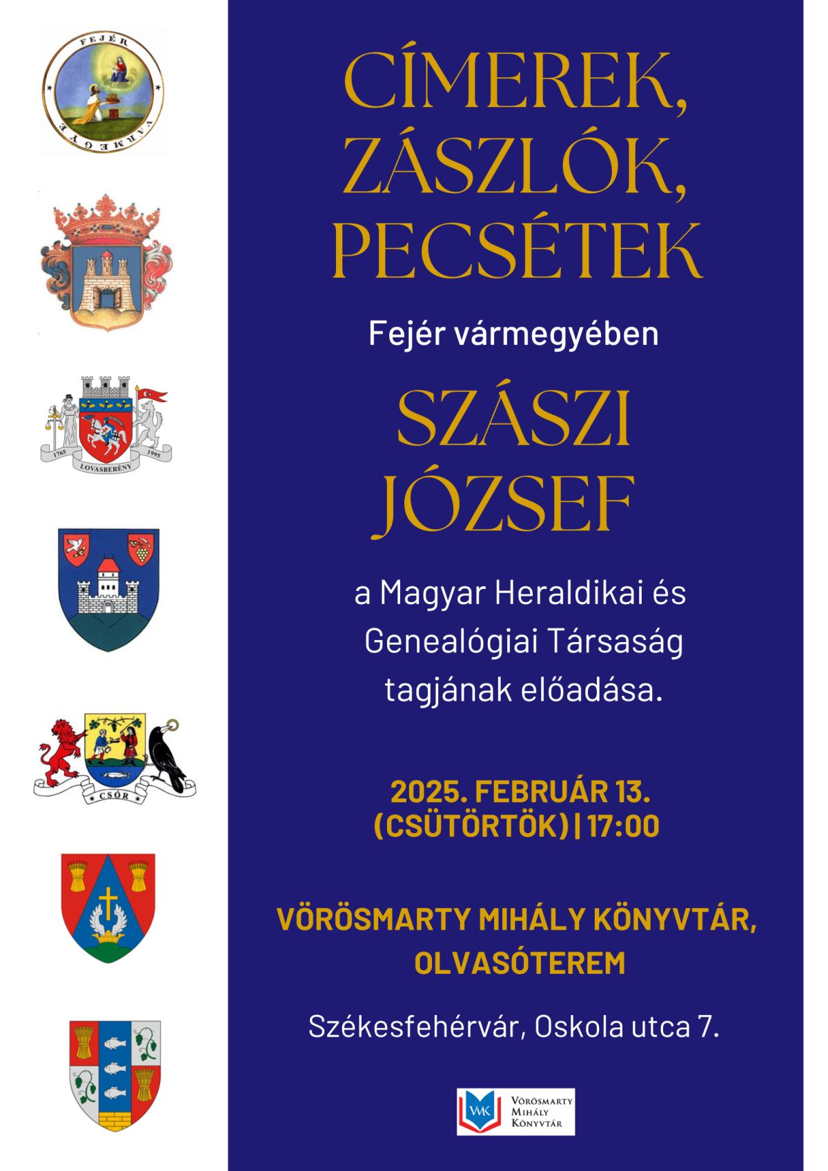 Szászi József tart előadást a Fejér vármegyei címerek, zászlók, pecsétek történetéről