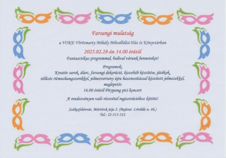 Farsangi mulatság kézműveskedéssel, jelmezversennyel a VOKE Művelődési Házban