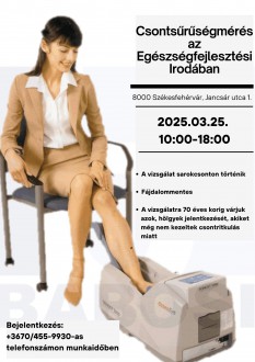 Ingyenes csontsűrűségmérés csak hölgyeknek kedden a Egészségfejlesztési Irodában