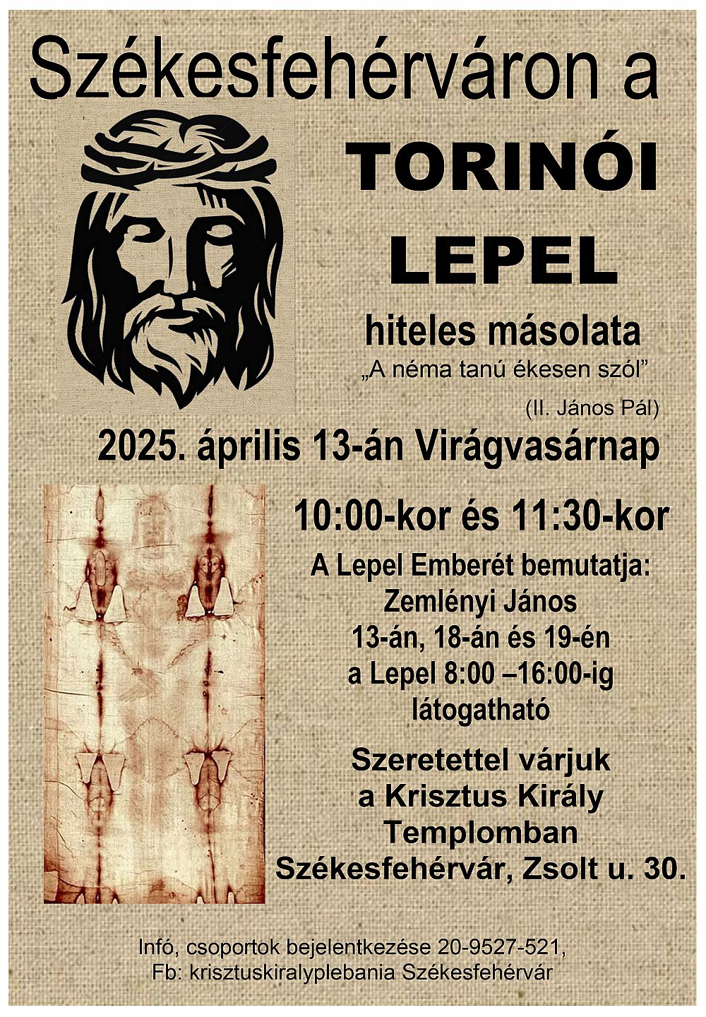 A Torinói Lepel hiteles másolata is látható lesz virágvasárnap a Krisztus Király templomban