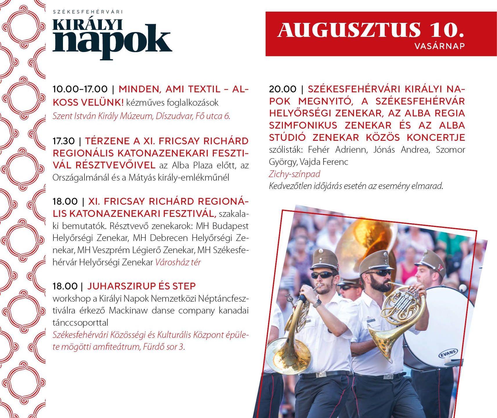 A Székesfehérvári Királyi Napok programjai augusztus 10-én, vasárnap