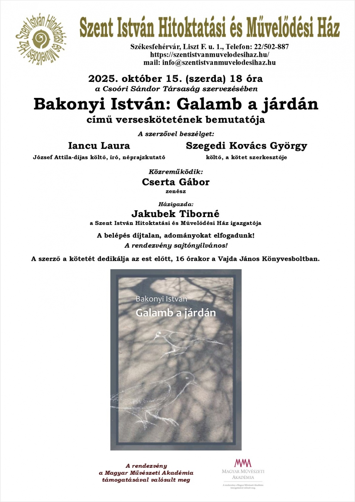 Bakonyi István verseskötetét mutatják be a Szent István Hitoktatási és Művelődési Házban