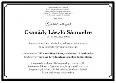 Október 19-én, vasárnap 11 órakor lesz Csanády László Sámuel búszúztatása