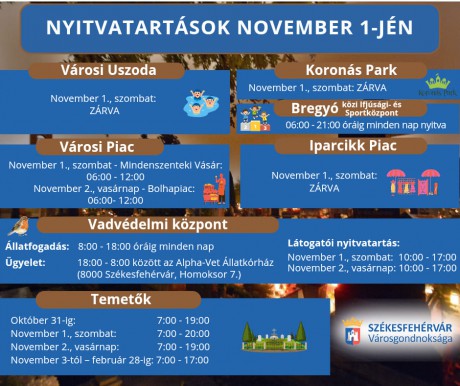 Nyitvatartások, ingyenes közösségi közlekedés és parkolás november 1-jén Székesfehérváron