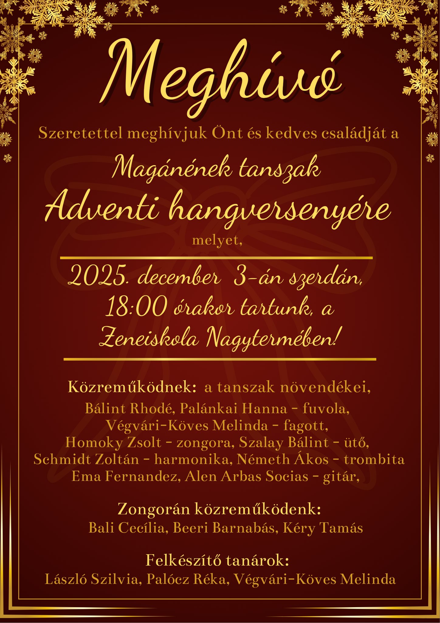 Ünnepi estek a Zeneiskolában – szerdán a magánének tanszak növendékei lépnek fel