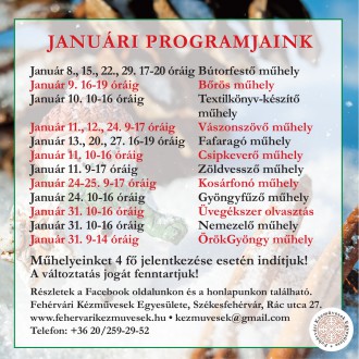 Műhelyfoglalkozások a Kézművesek Házában januárban is
