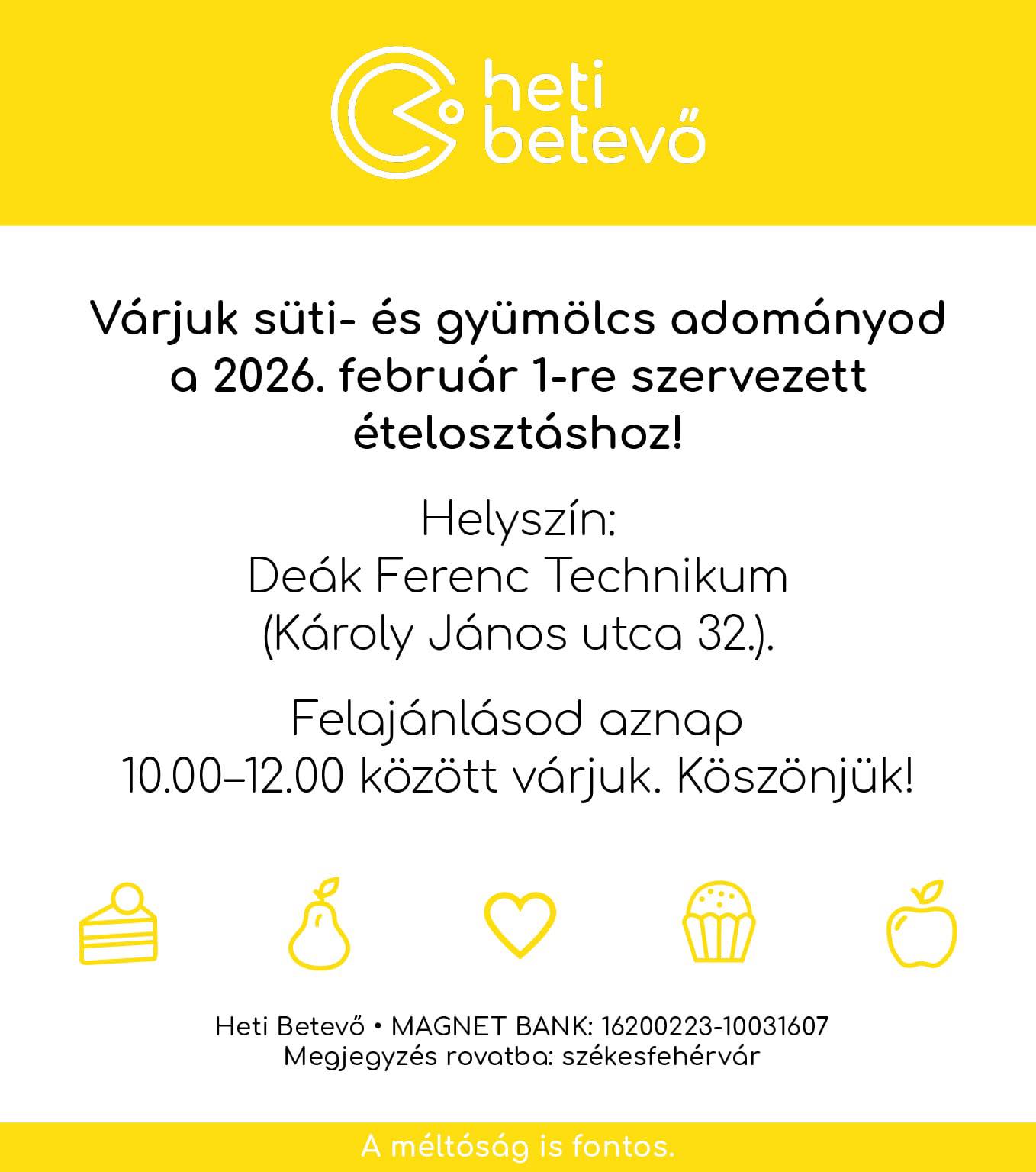 Fehérvári Heti Betevő – vasárnap folytatódik az ételosztás