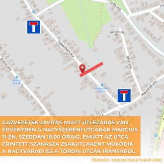 Gázvezeték-javítás miatt útlezárás van érvényben a Nagyszebeni utcában szerda délutánig