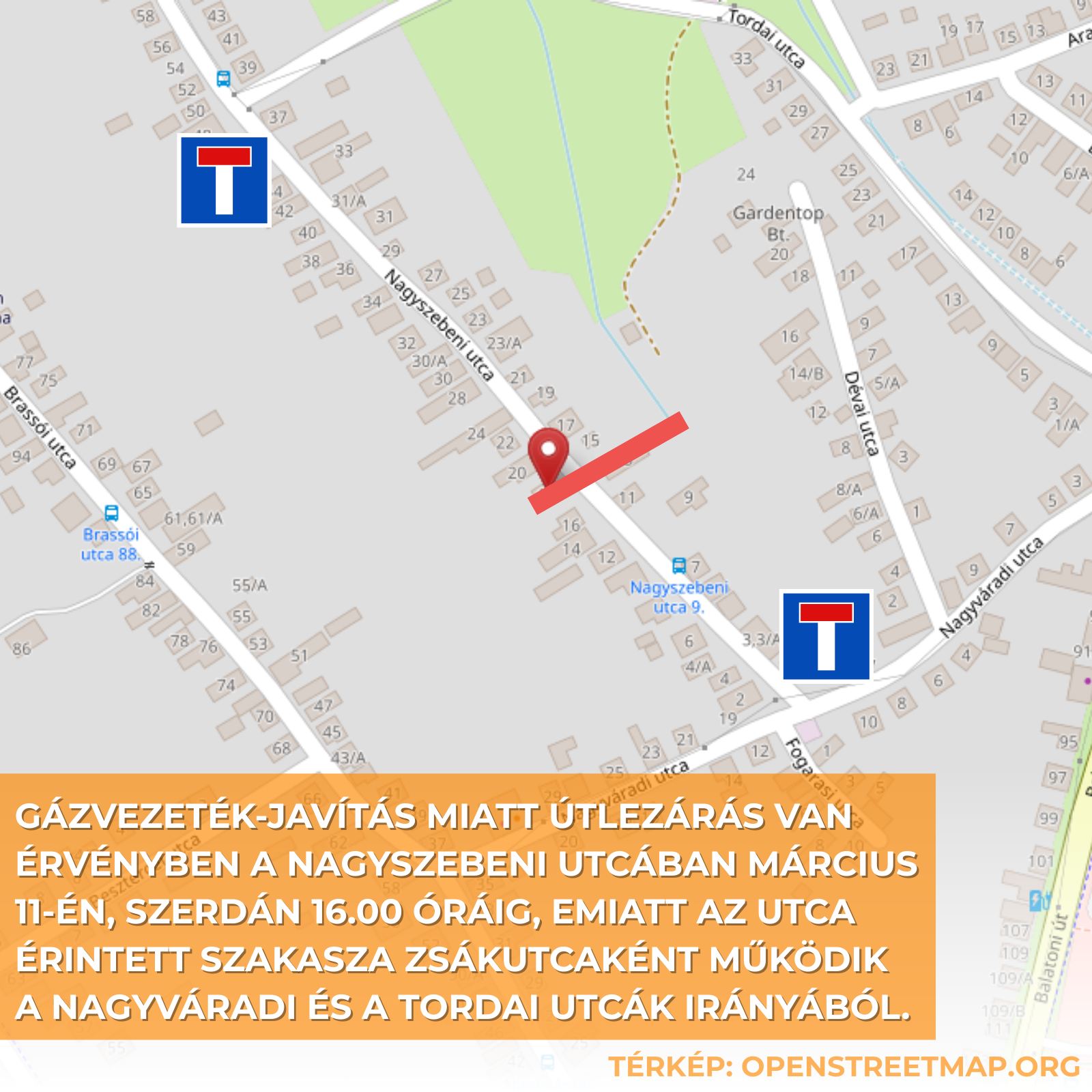 Gázvezeték-javítás miatt útlezárás van érvényben a Nagyszebeni utcában szerda délutánig