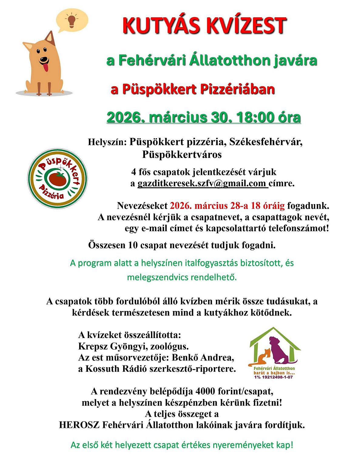 Jótékonysági kutyás kvízest a HEROSZ Fehérvári Állatotthonának javára