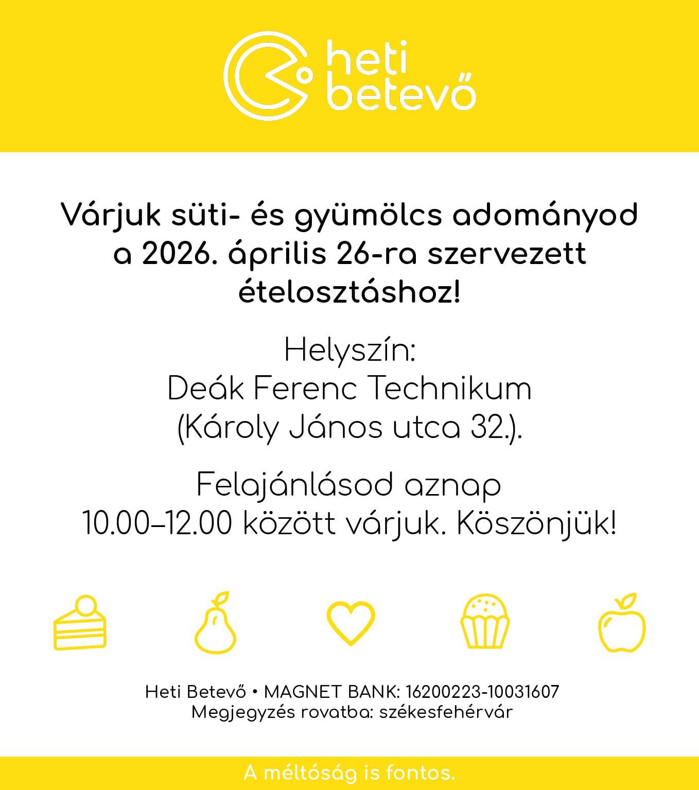 Fehérvári Heti Betevő – vasárnap folytatódik az ételosztás