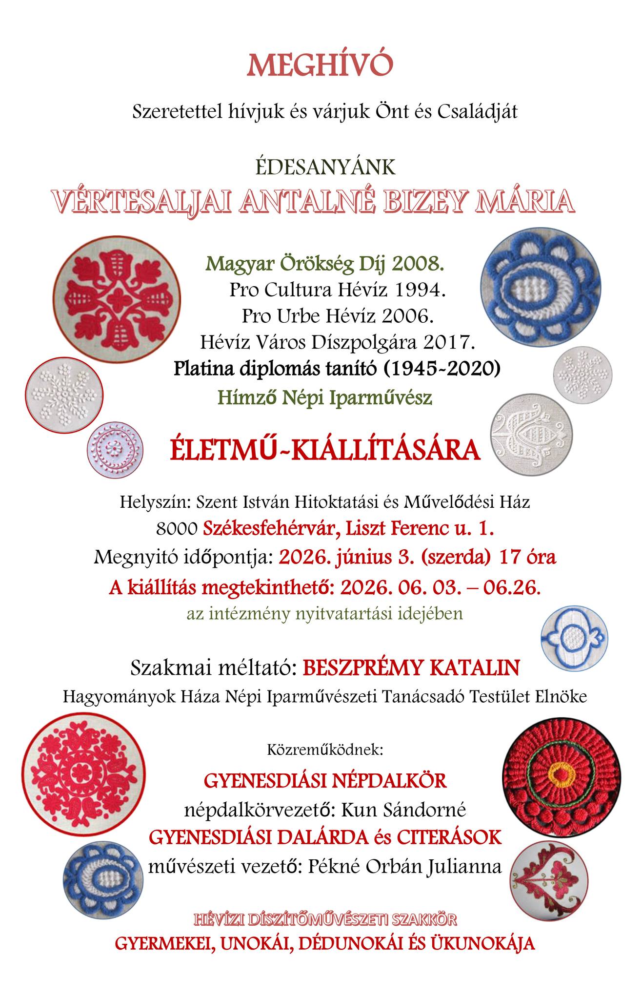 Életmű-kiállítás Vértesaljai Antalné Bizey Mária hímző népi iparművész alkotásaiból