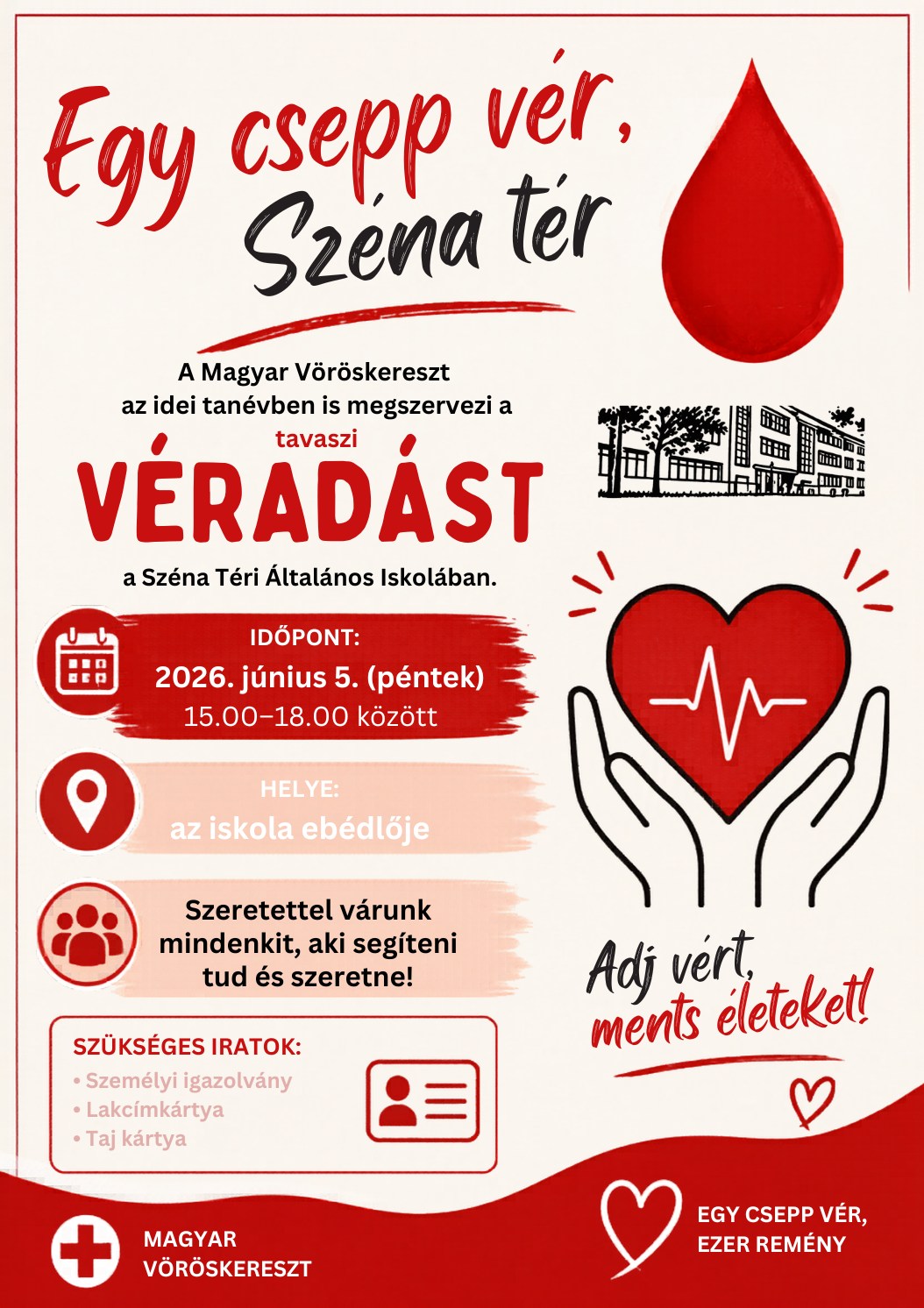 Véradás lesz június 5-én, pénteken délután a Széna Téri Általános Iskolában