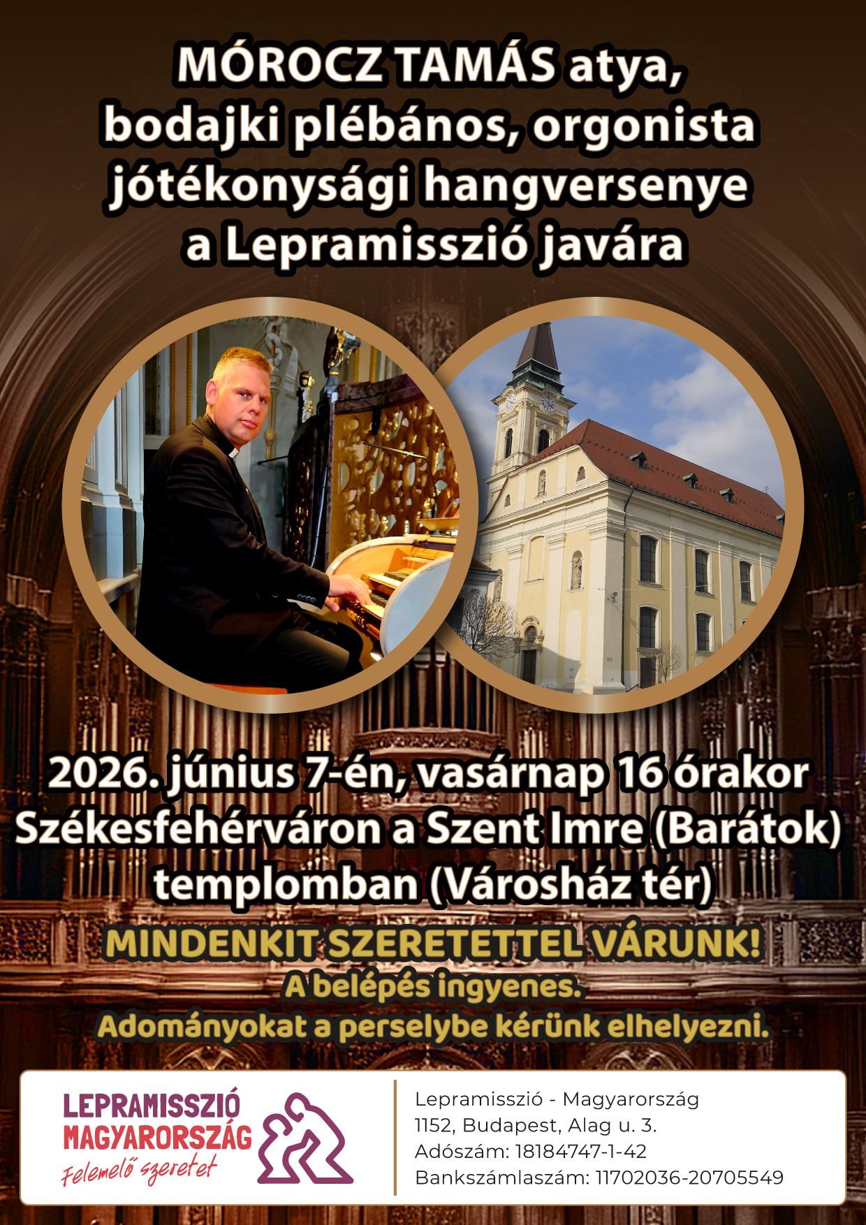 A Lepramisszió Magyarország javára rendeznek jótékonysági orgonakoncertet vasárnap