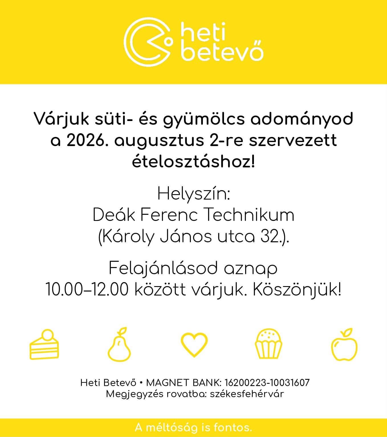 Fehérvári Heti Betevő – vasárnap folytatódik az ételosztás