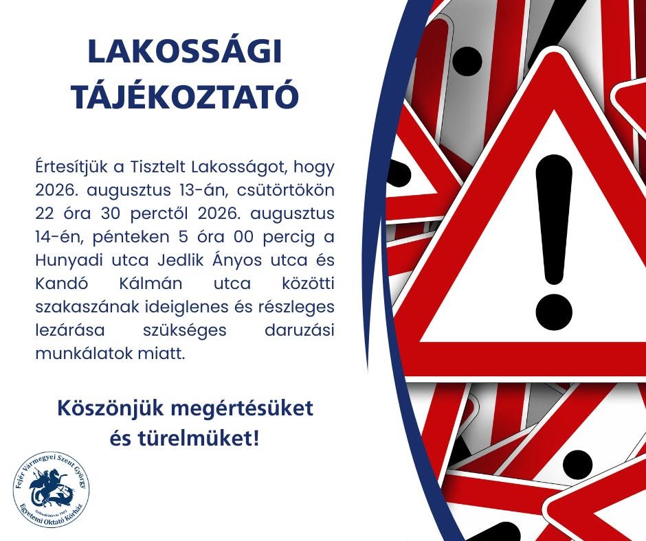 A kórház klímahűtőjének cseréje miatt lesz útzár csütörtökön éjszaka a Hunyadi utcában
