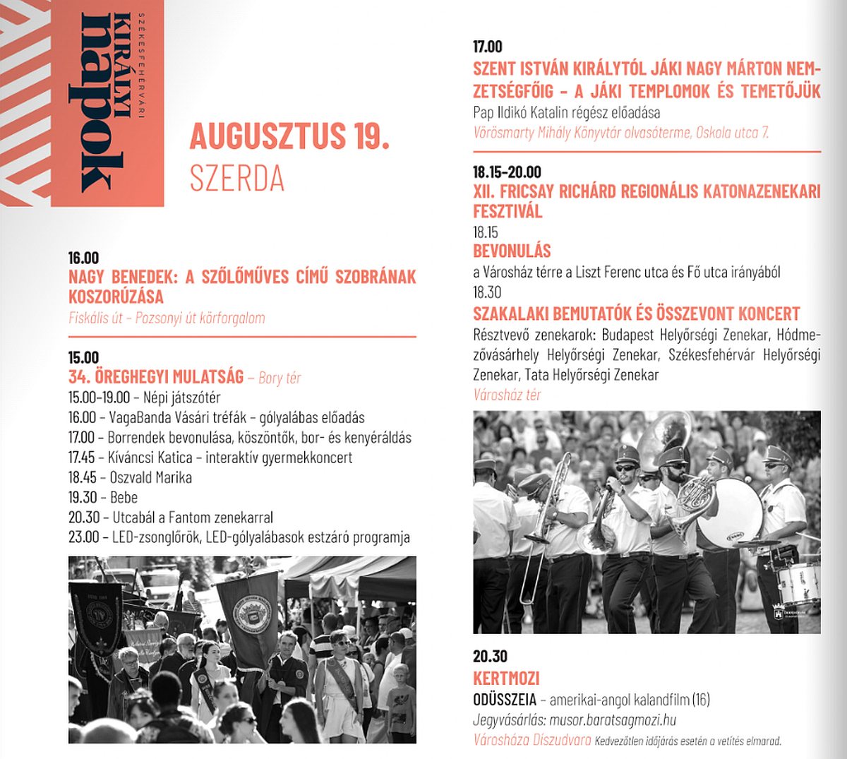 A Székesfehérvári Királyi Napok programjai augusztus 19-én, szerdán