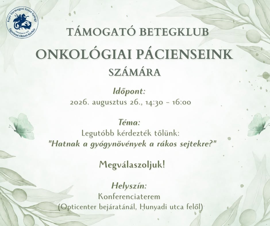 Augusztus 26-án folytatódik az onkológiai támogató klub a Szent György Kórházban