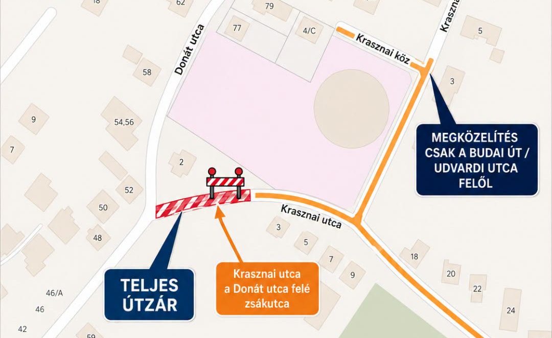 Burkolathelyreállítás - útzárat vezetnek be szerdán a Krasznai utcában